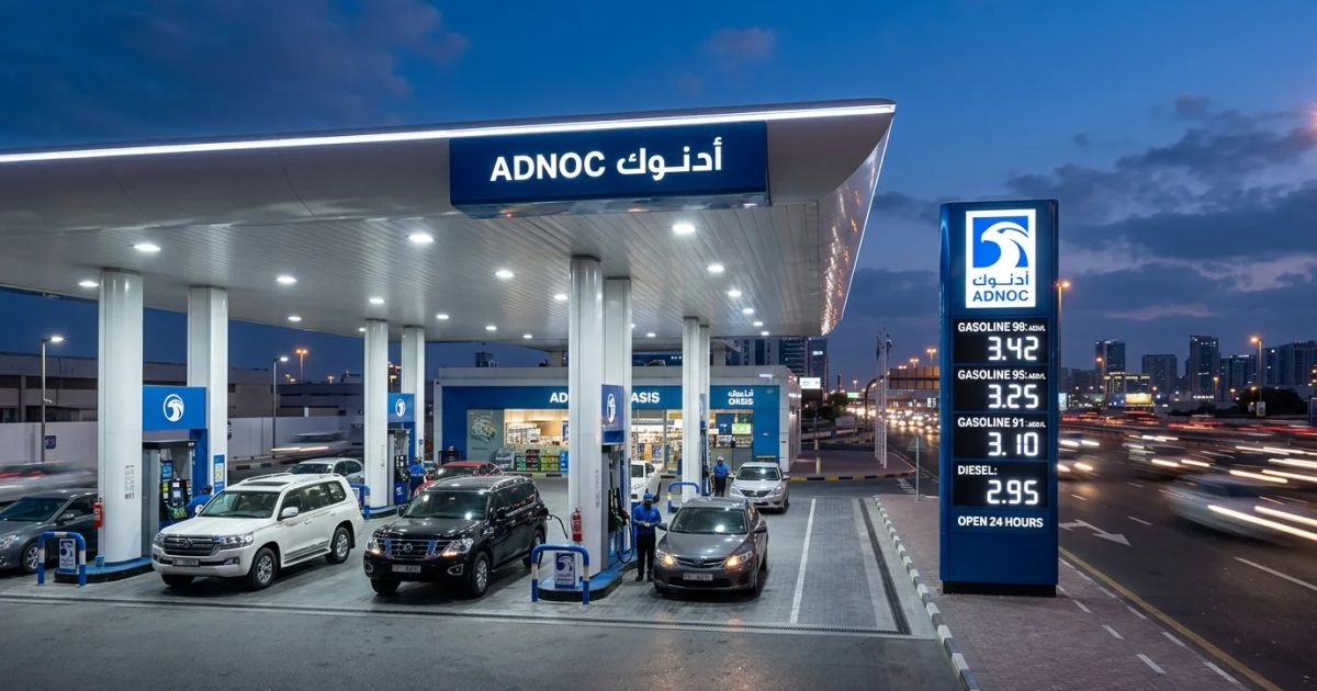 A fuel nozzle dispenses petrol into a vehicle tank at a modern UAE service station during the day.