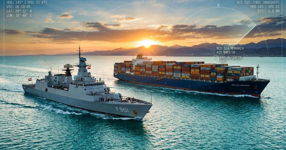 A large commercial oil tanker navigates calm deep blue waters under a bright, clear sky in the Red Sea.
