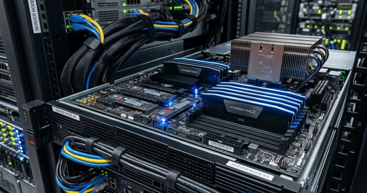 Glowing fiber optic cables connect to a sleek server circuit board in a high-tech, neon-lit data center.