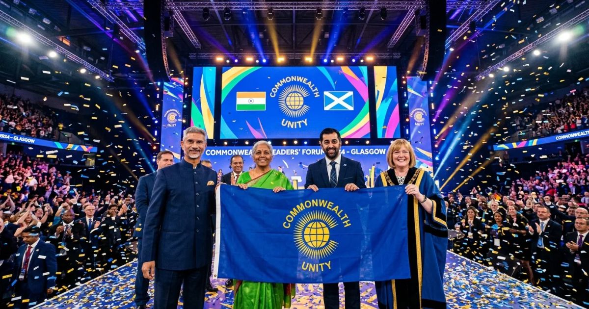 Dancers perform on a brightly lit stage in Glasgow as the Commonwealth Games flag is handed over to Indian officials.
