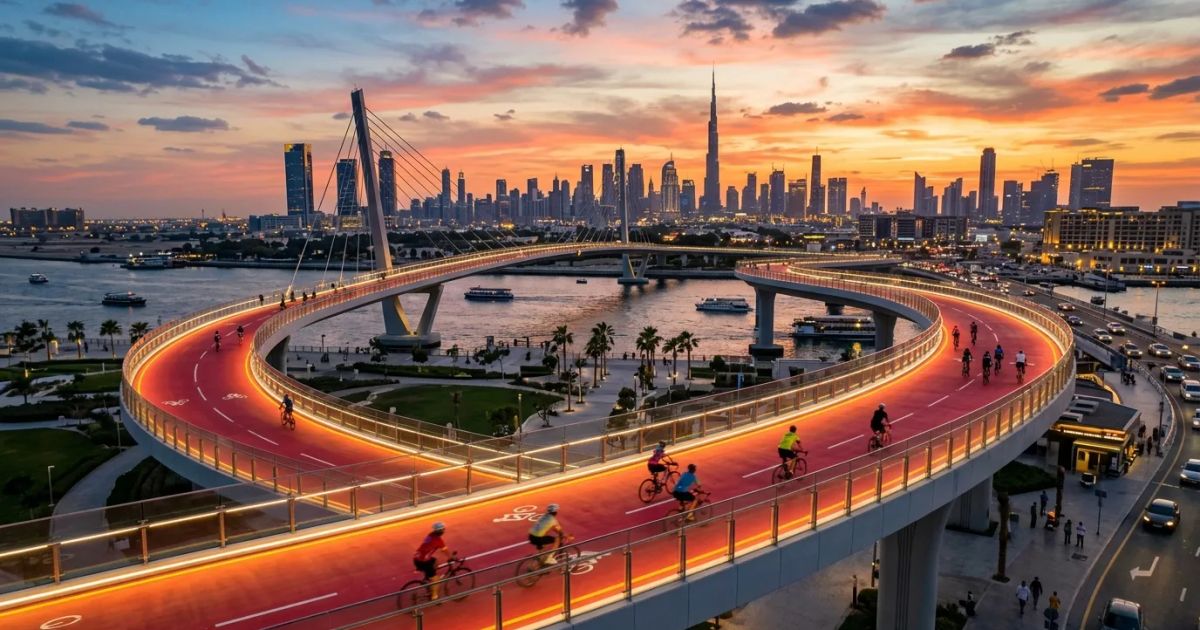 A long, modern cycling and pedestrian bridge curves over a highway, connecting residential areas in Dubai.