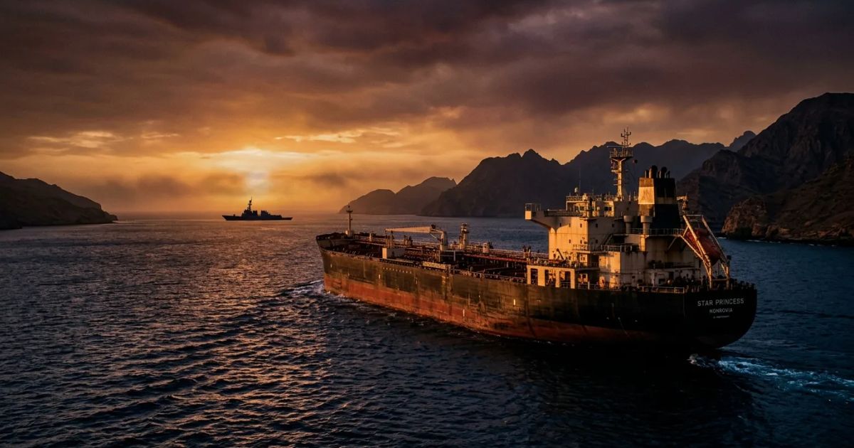 A grey naval destroyer sails through the calm blue waters of the Strait of Hormuz under a hazy afternoon sky.