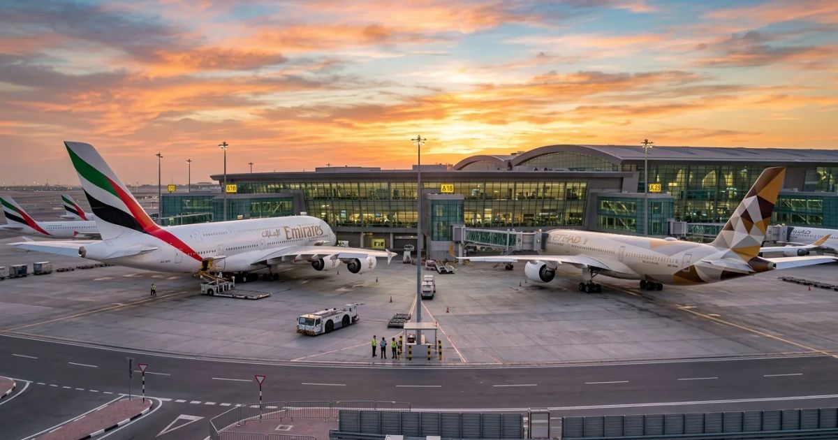 Emirates and Etihad commercial planes sit parked on a sunlit airport tarmac against a backdrop of distant hangars.