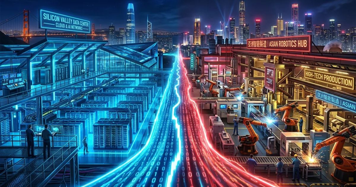 Data center servers glow with blue lights, representing the computational power driving the global AI race.