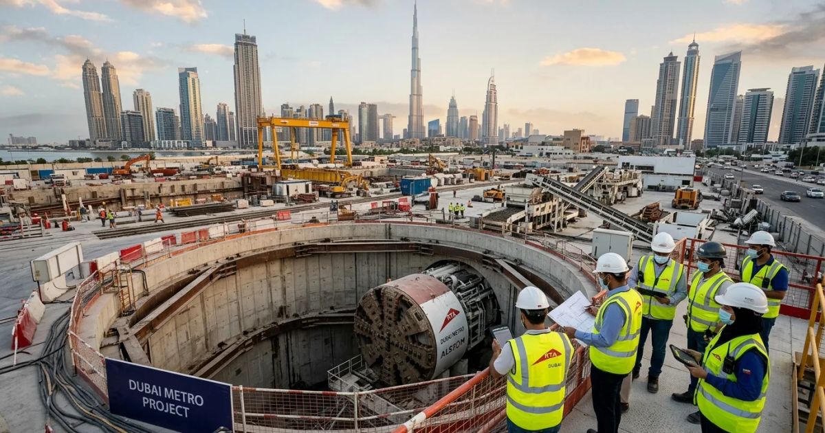 Construction engineers inspecting underground tunnel-boring operations for the Dubai Metro Blue Line project. | credit:AI Generated image