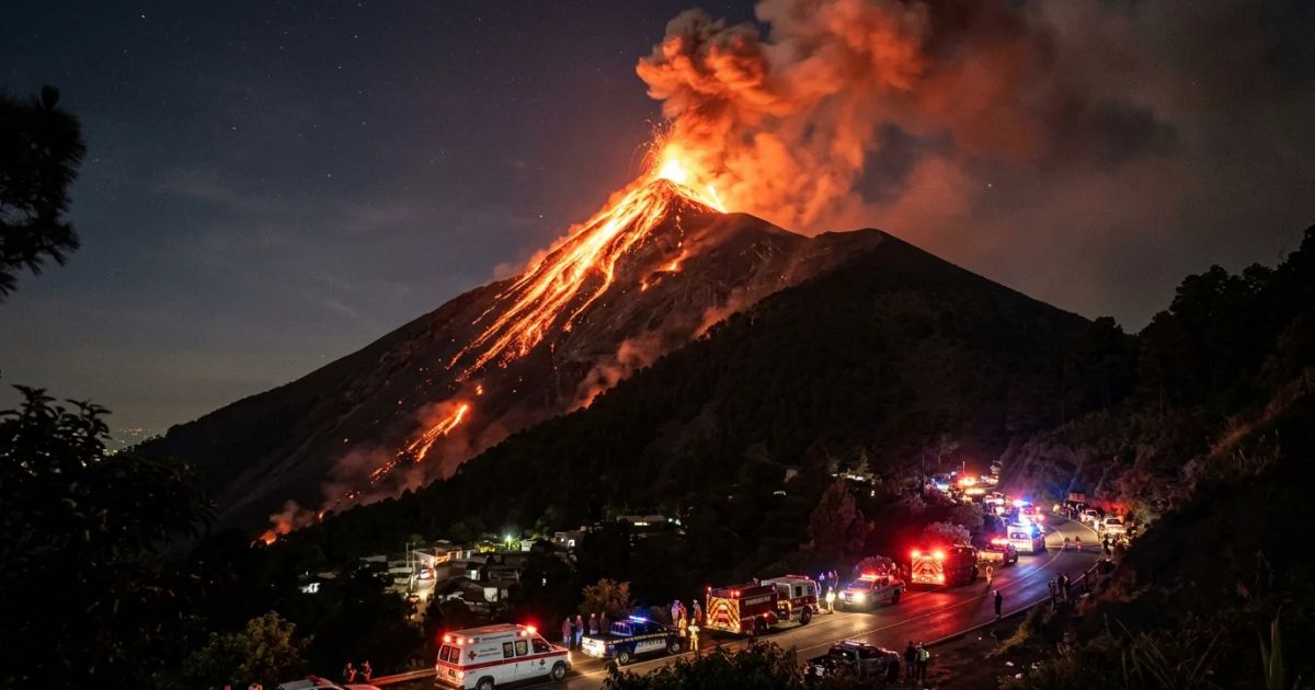 Guatemala's Volcán de Fuego erupting at night, ejecting incandescent lava streams and towering ash plumes. | credit:AI Generated Image
