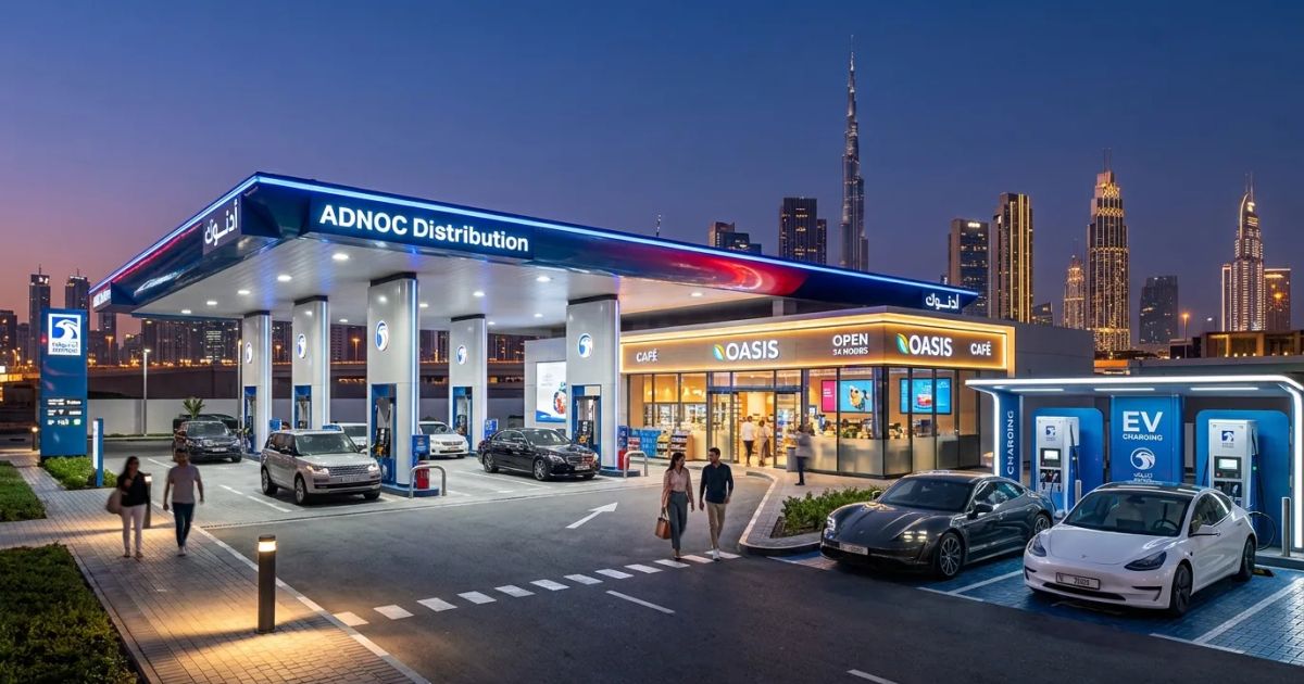 Modern ADNOC Distribution service station featuring fuel pumps, EV chargers, and convenience retail store. | credit:AI Generated Image