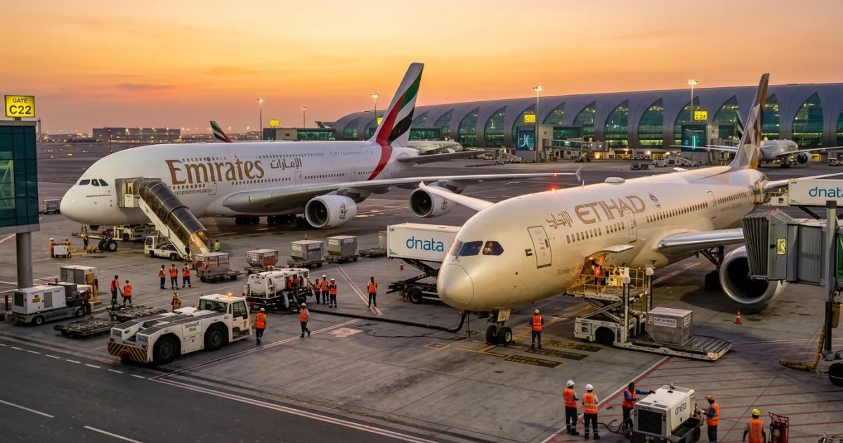 Two Emirates and Etihad passenger planes fly through a bright blue sky above a layer of soft white clouds.