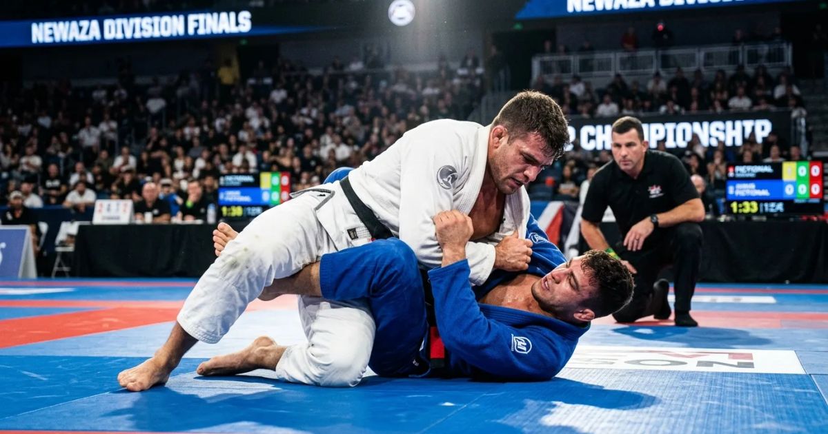 A UAE athlete in a white gi celebrates with a raised gold medal atop a podium under bright arena lights.