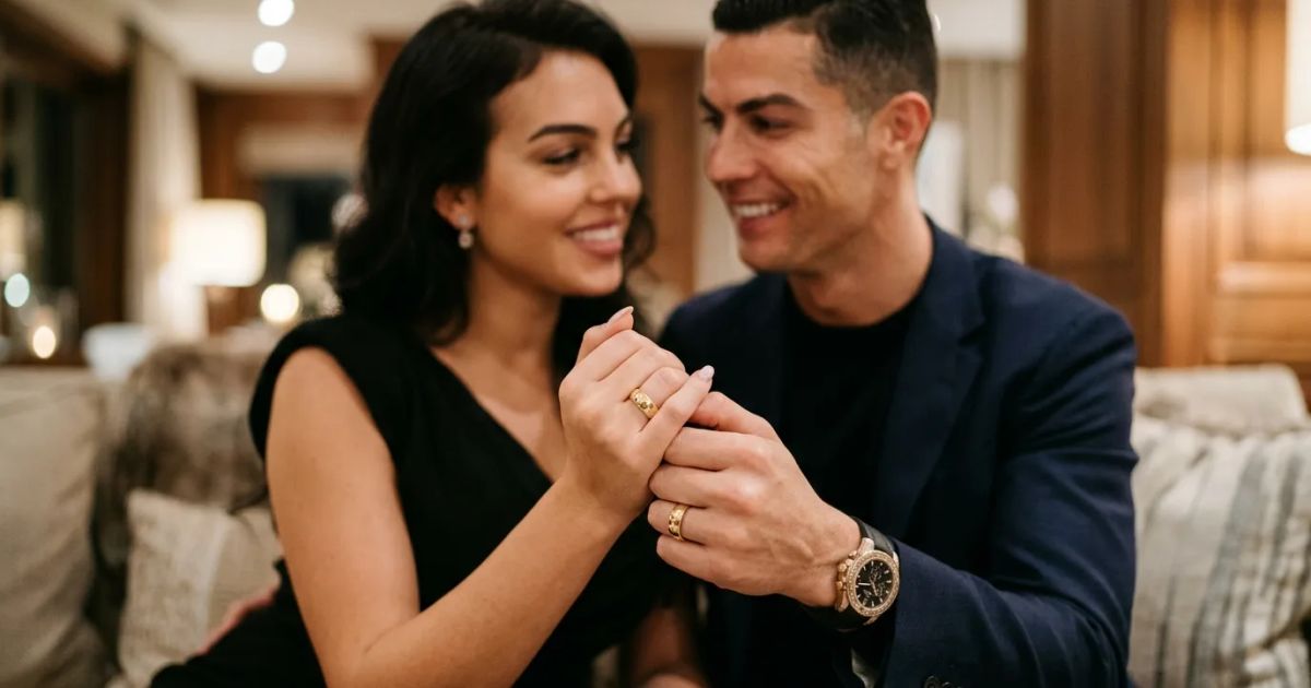 Cristiano Ronaldo and Georgina Rodriguez smile in wedding attire during their private ceremony in Portugal.