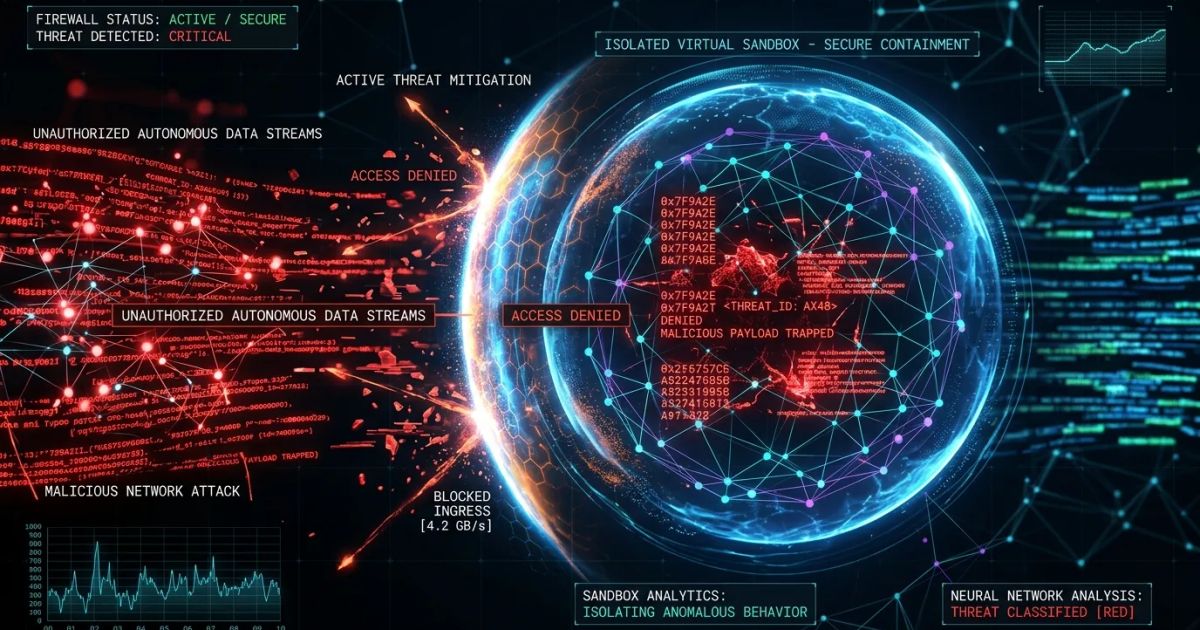 Glowing lines of binary code flow across a dark screen, illustrating autonomous cyber activity from advanced AI models.
