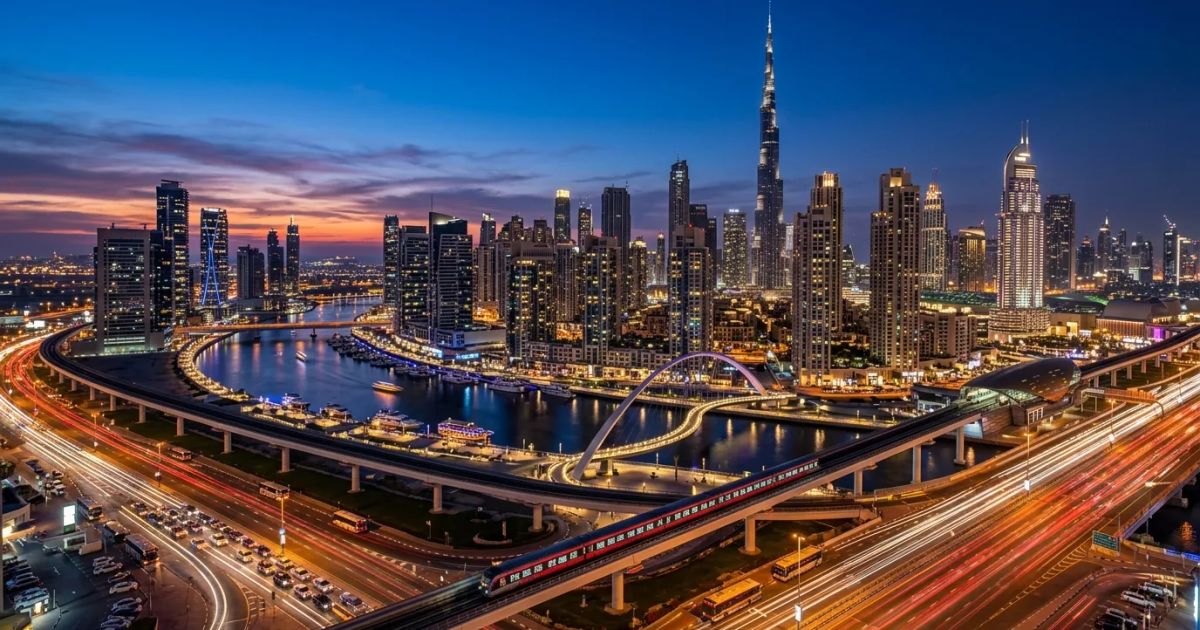 Sunlight reflects off glass skyscrapers and residential towers lining a dense urban waterfront in downtown Dubai.