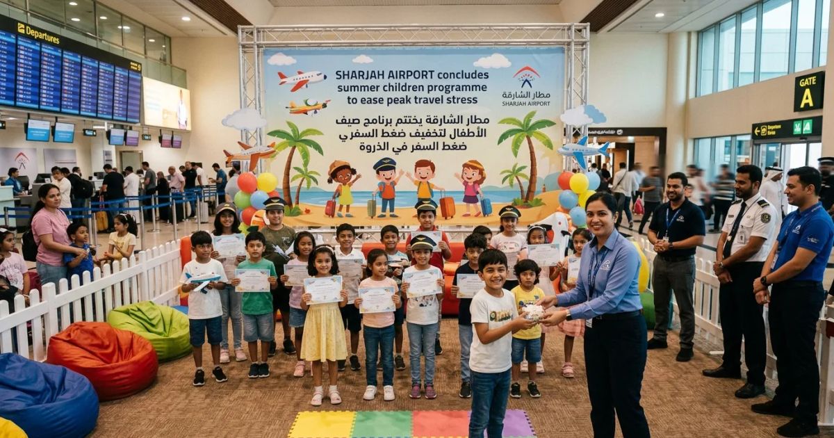 Children participate in an interactive workshop at Sharjah Airport during a seasonal event to entertain young travelers.