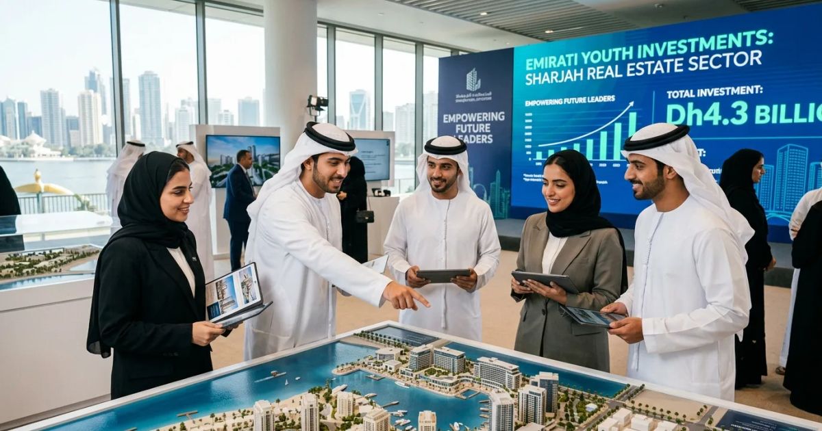 Modern residential skyscrapers and waterfront buildings overlook a busy coastal district in Sharjah under a clear sky.