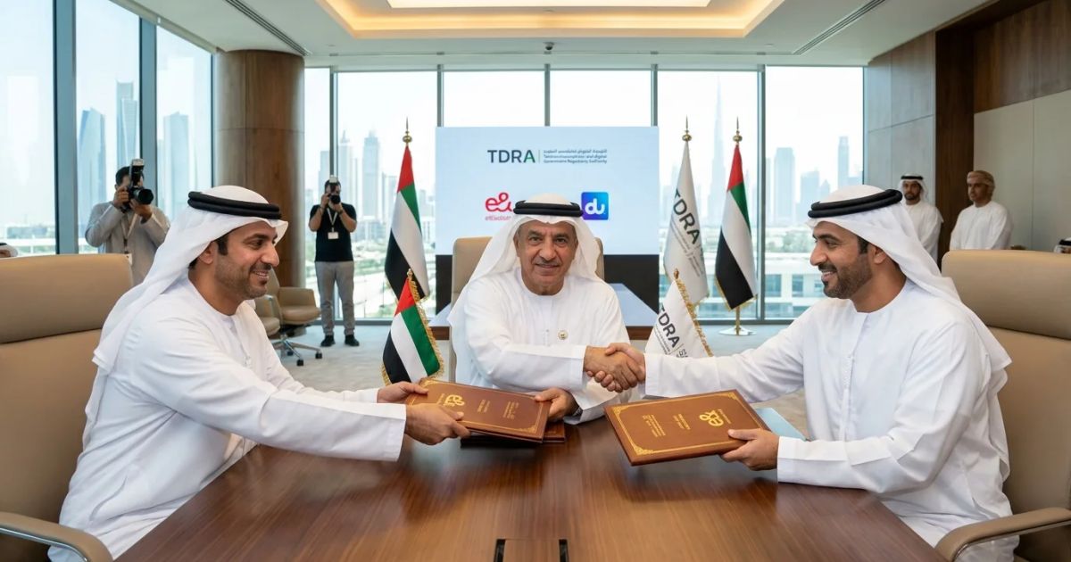 The TDRA logo stands prominently in front of the e& and du company emblems to signify a 20-year licence renewal.