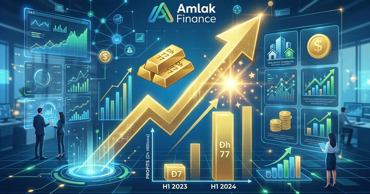 The Amlak Finance logo displays prominently on a modern glass office building under a clear blue sky.