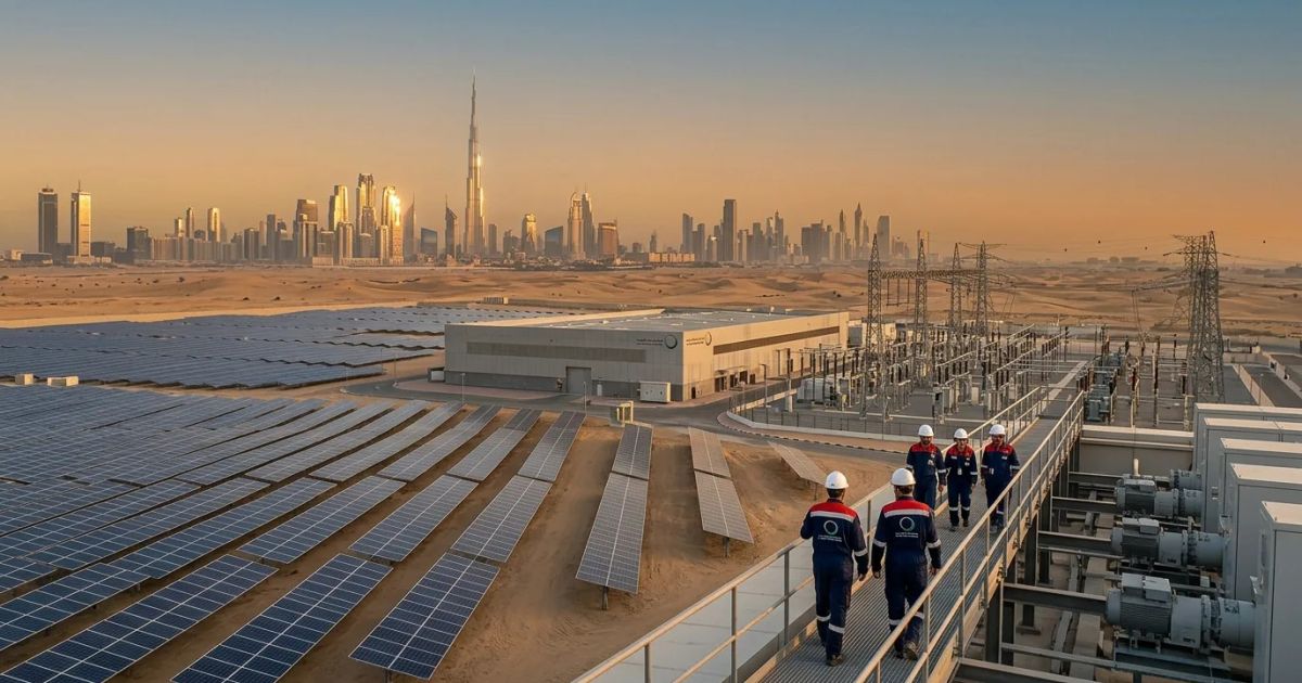 A wide solar panel array sits under a bright sun in a desert landscape with the Dubai skyline in the distance.