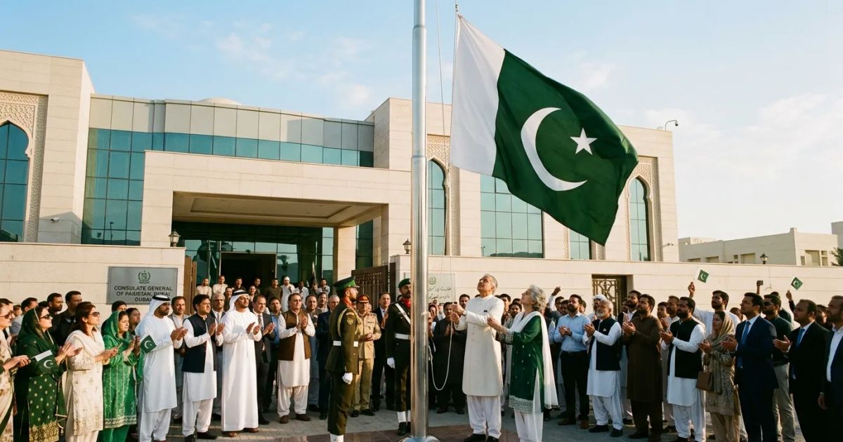 The green and white national flag of Pakistan flutters against a bright blue sky on a metal flagpole.