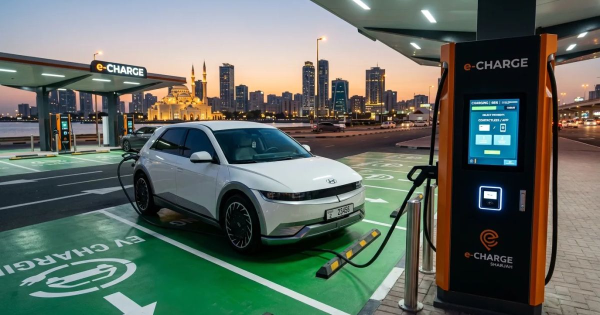 A white electric vehicle plugs into a roadside charging station against a modern city skyline at sunset.
