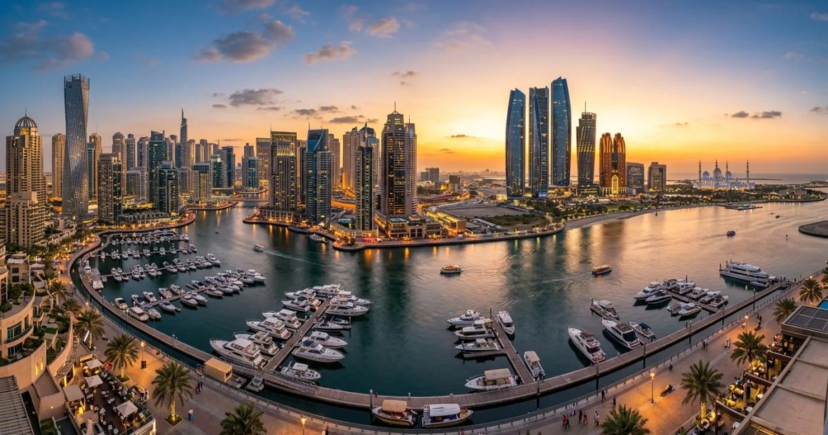 Modern glass skyscrapers and luxury residential towers reflect the bright sun against a clear Dubai skyline.