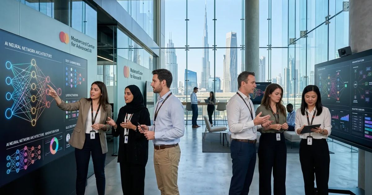 Six startup representatives pose with Mastercard and UAE AI Office officials at a modern professional launch event.