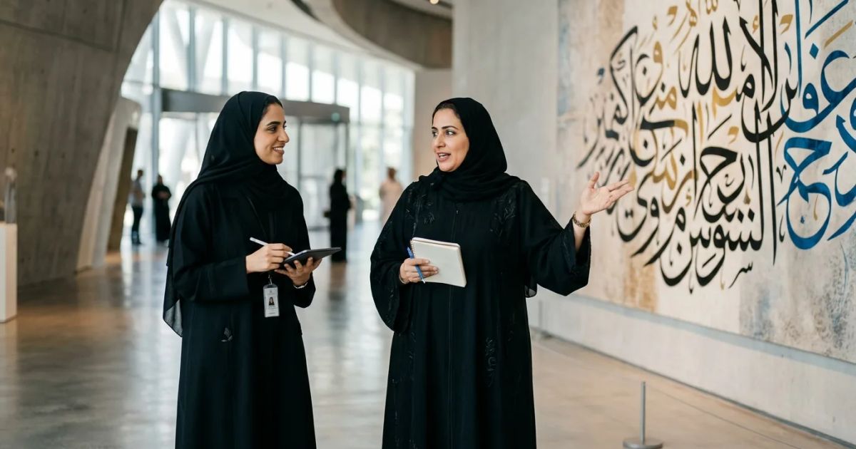 Three Emirati women in traditional dress smile and talk together against a modern Dubai skyline during the day.
