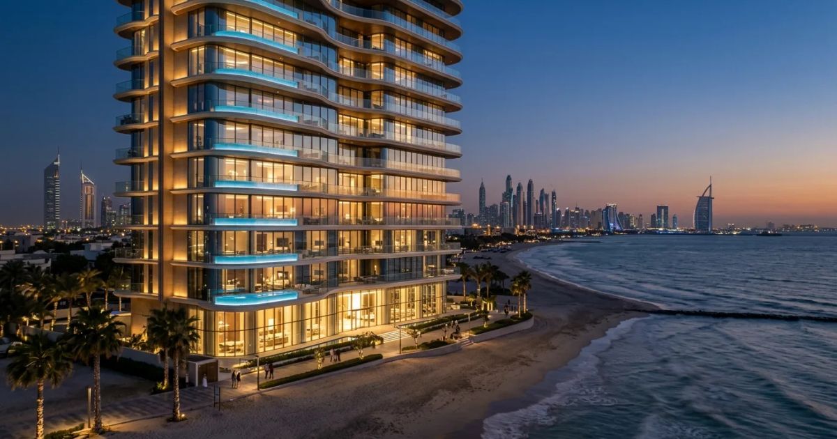 Modern skyscrapers and luxury residential towers line the waterfront of Dubai's skyline under a bright, clear sky.