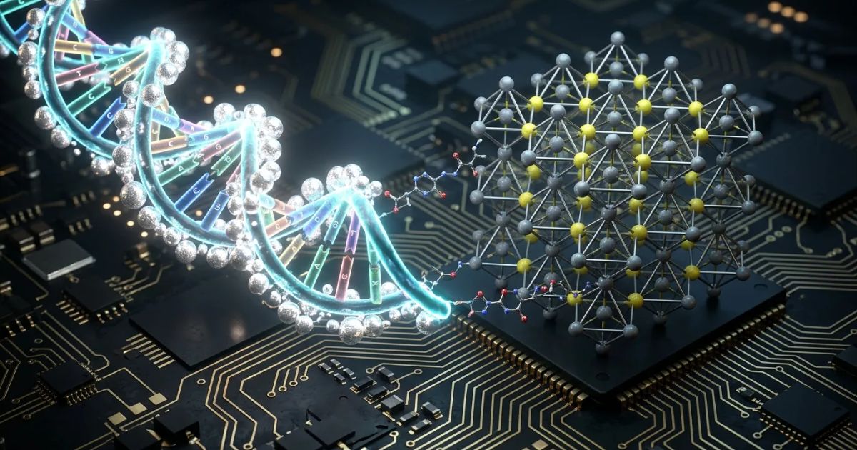 Microscopic strands of synthetic DNA weave through a dark semiconductor chip to form a glowing bio-hybrid memory circuit.