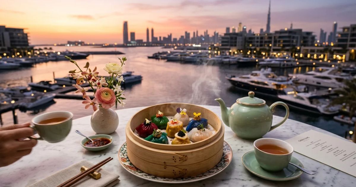 A luxury afternoon tea set features ornate pastries and floral arrangements on a tiered stand in a Dubai lounge.