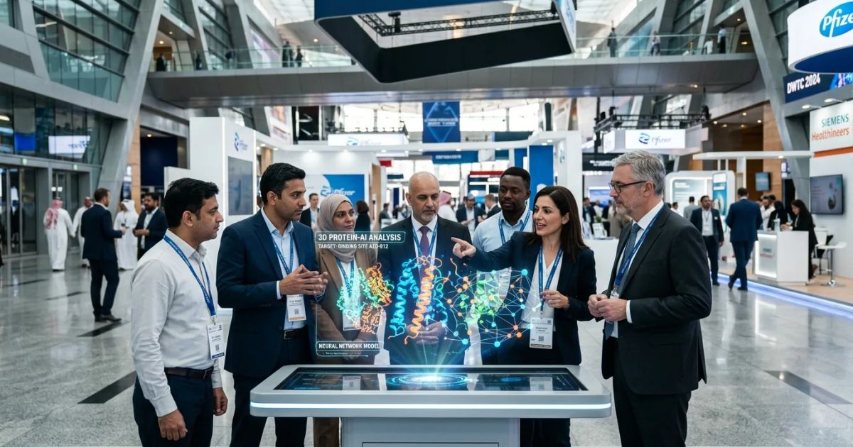 A wide view of a modern pharmaceutical exhibition hall in Dubai where professionals network among rows of branded booths. | credit:Ai generated image