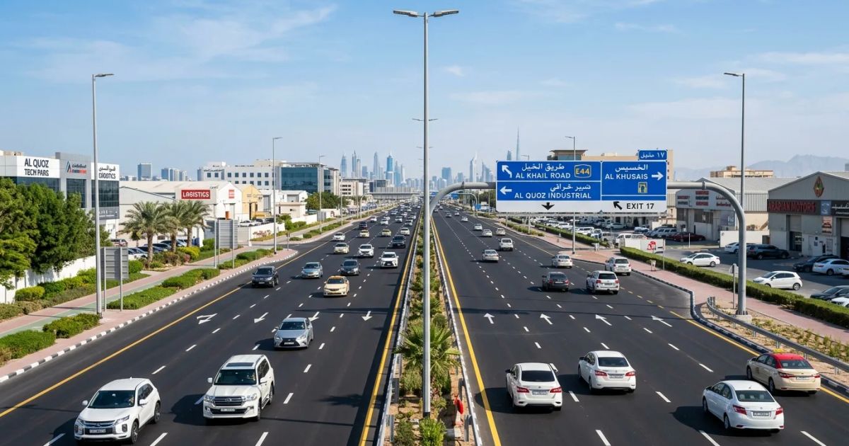 A multi-lane highway in Dubai features flowing traffic alongside modern glass skyscrapers under a clear blue sky. | credit:Ai generated image
