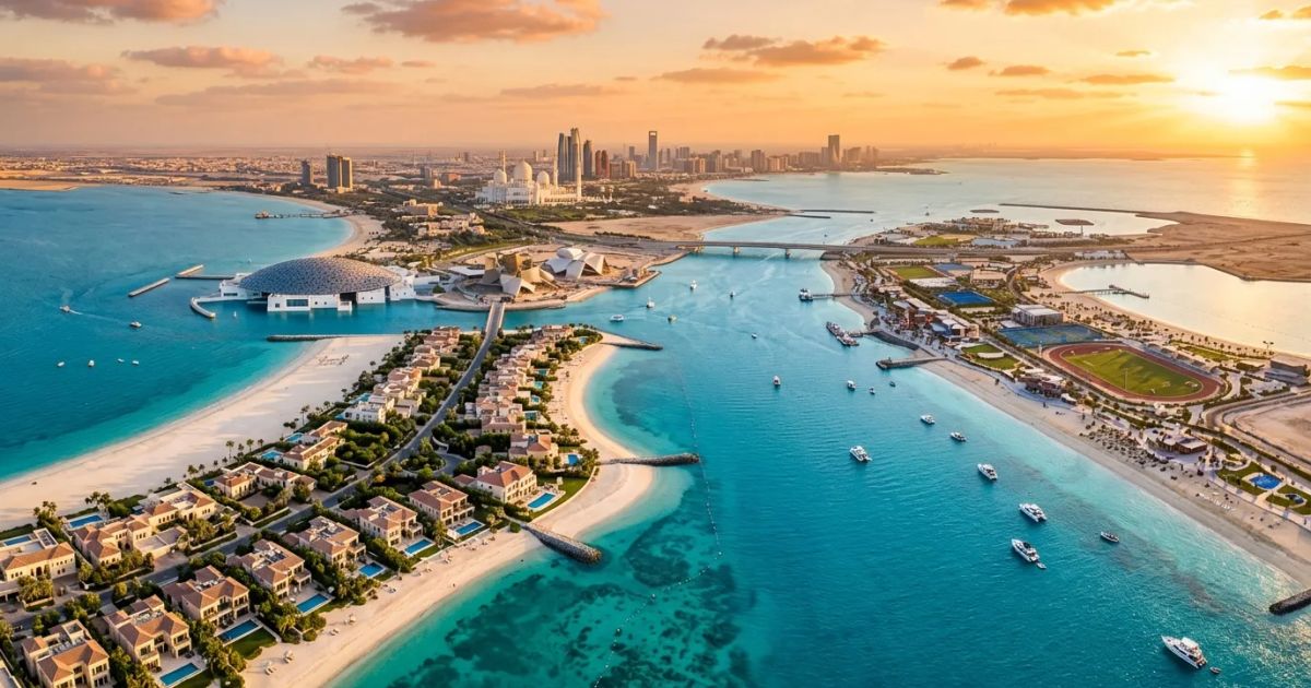 Sunlight glints off modern glass skyscrapers and luxury high-rise developments overlooking the Abu Dhabi shoreline. | credit:Ai generated image