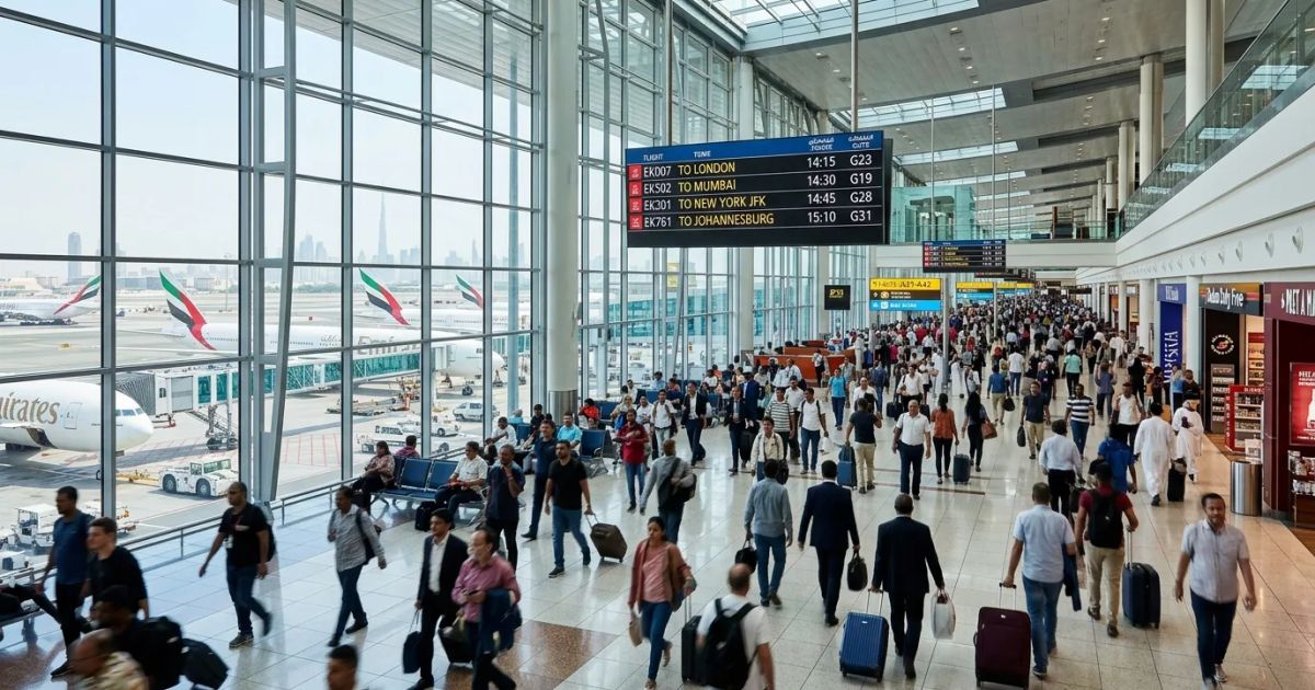 Crowds of travelers walk through a bright, modern terminal at Dubai International Airport under high vaulted ceilings.
