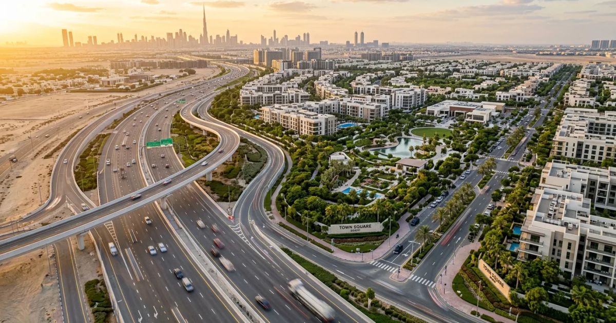 A wide asphalt highway interchange curves toward a modern residential development under a clear blue sky.
