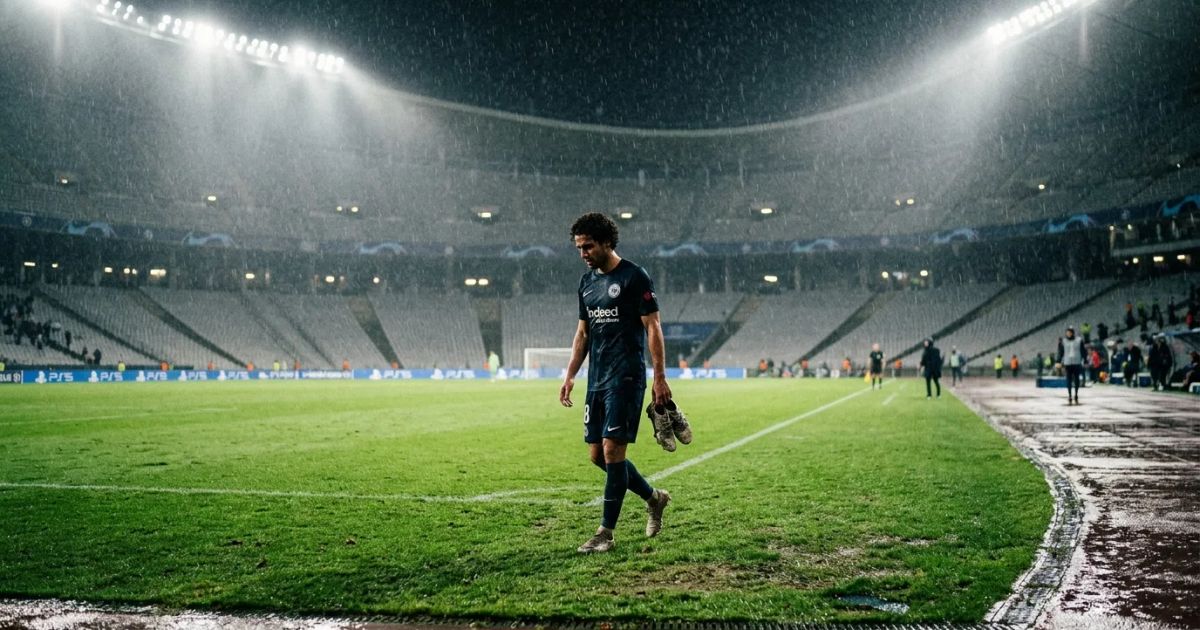 A soccer player sits on the grass with head in hands while blurred athletes compete in a crowded stadium.