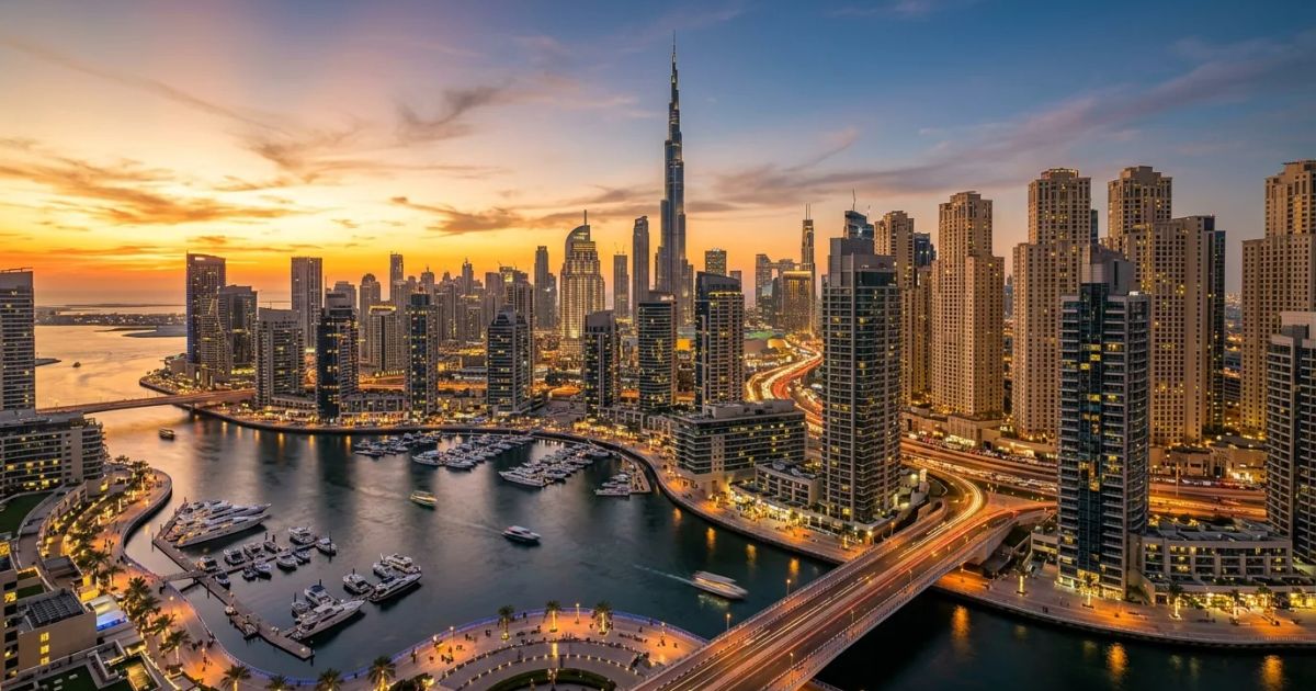 Modern glass skyscrapers line a waterfront in Dubai under a clear sky, reflecting the city's rapid urban development.