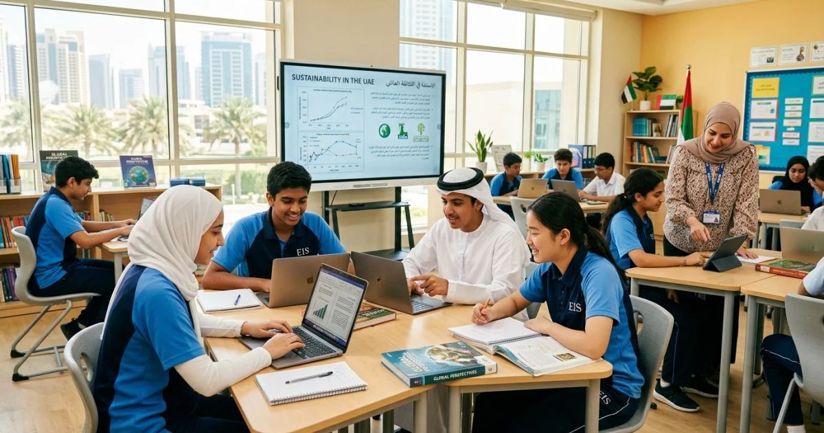 UAE secondary school students studying in a modern classroom setting with guidance from an academic advisor. | credit:Ai generated image