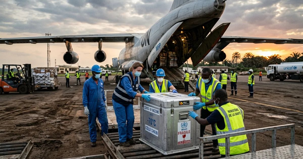 Medical logistics personnel inspecting cold-chain storage containers during the emergency vaccine rollout in the Democratic Republic of the Congo. | credit:Ai generated image