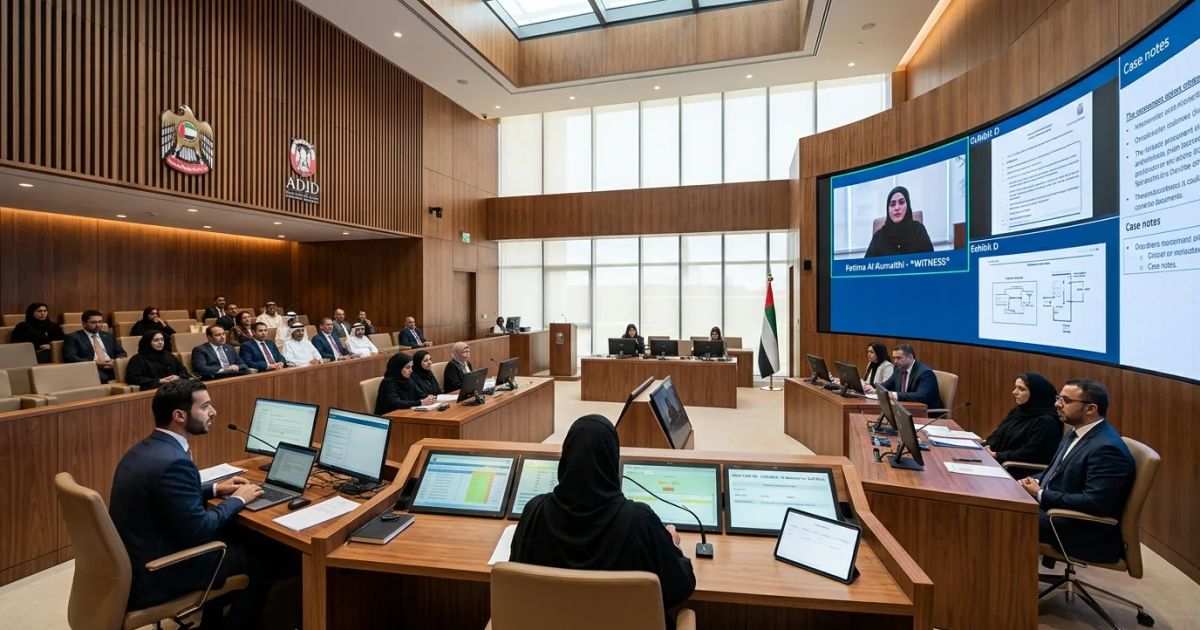Modern digital courtroom interior at the Abu Dhabi Judicial Department equipped with smart video conferencing and remote litigation technology. | credit:Ai generated image