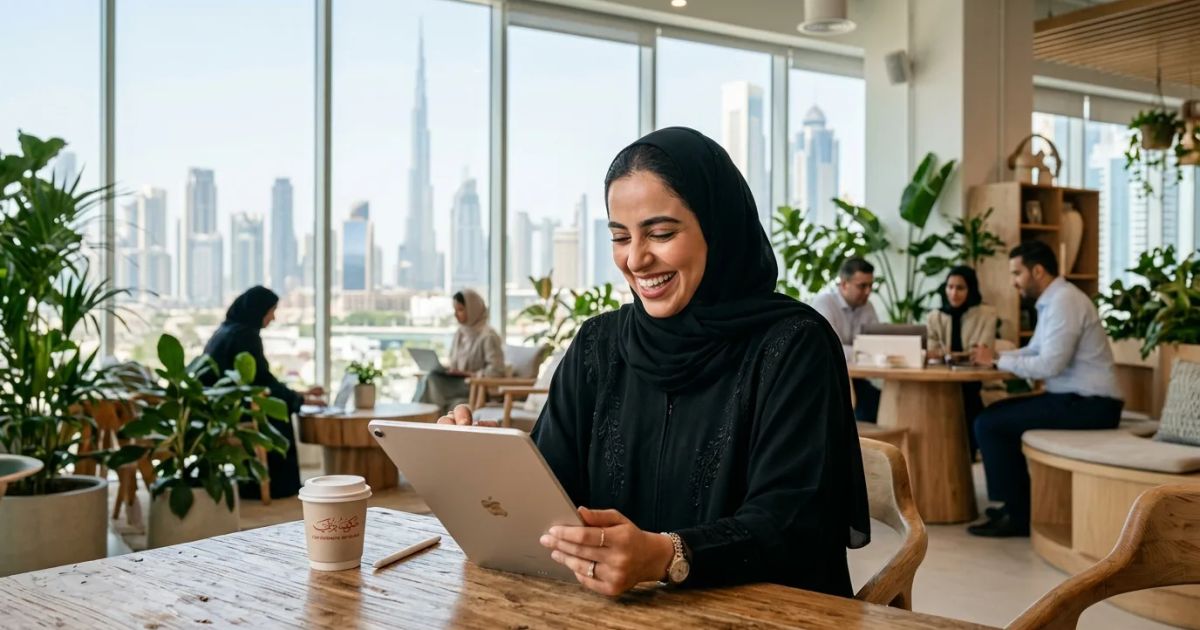 Dubai government employee working flexibly using digital smart tools in a modern, collaborative office setting. | credit:Ai generated image