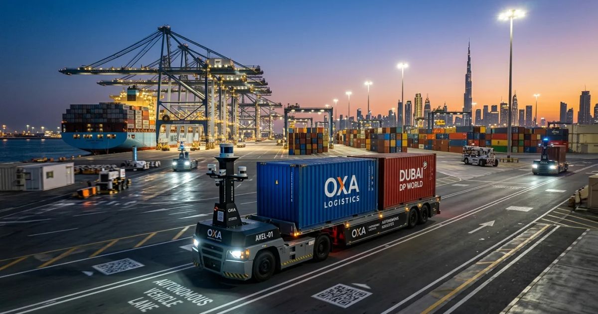 Autonomous logistics vehicle operating in a modern industrial port terminal in Dubai under the SHIFFT joint venture program. | credit:Ai generated image