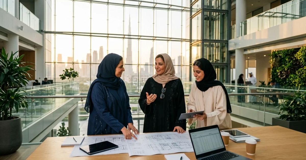 Diverse groups of Emirati women in professional and traditional attire smile together during a national celebration.