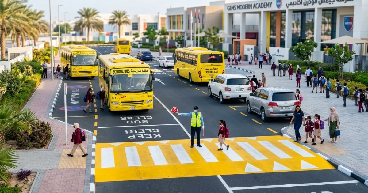 Freshly painted yellow pedestrian crossings and new traffic signs stand on a paved road near a modern school building.