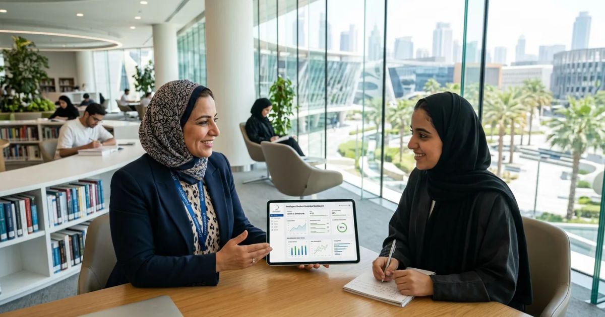 A digital network map of the UAE connecting university buildings with glowing icons representing AI agents.