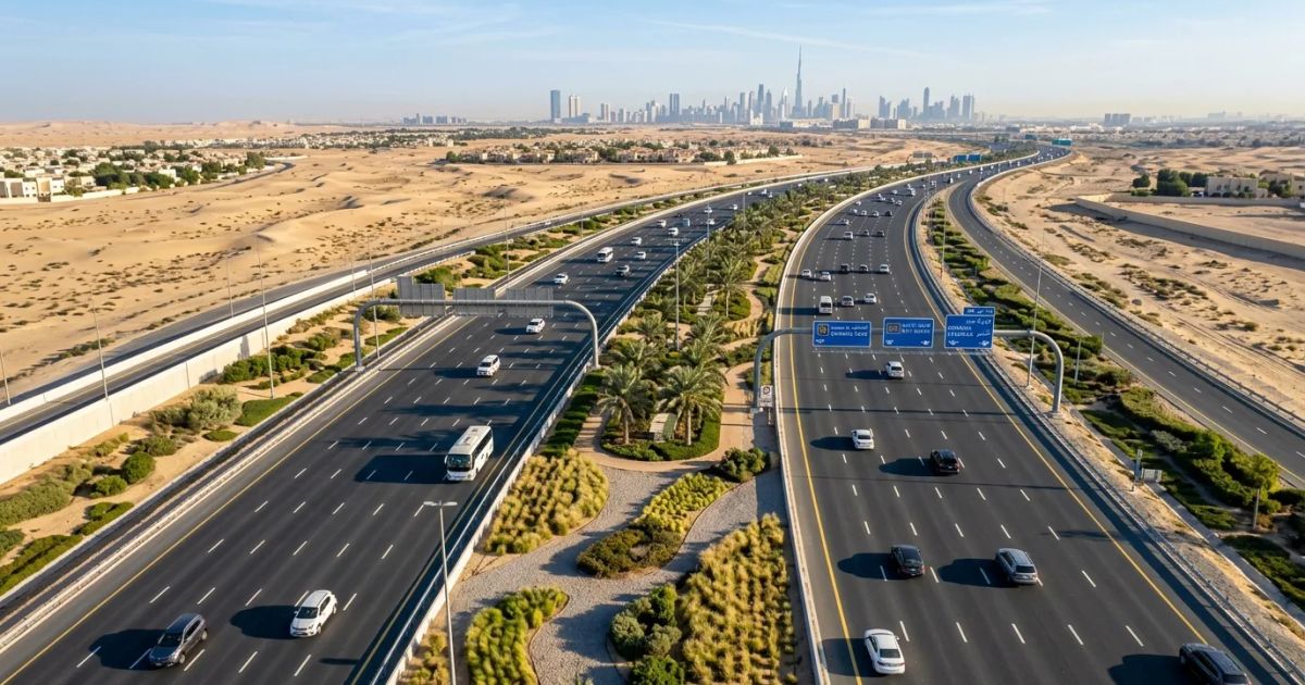 Multiple cars travel along a newly expanded eight-lane highway stretching through a flat desert landscape in Dubai.