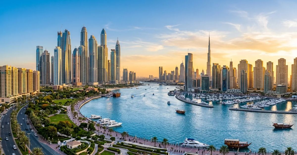 Modern skyscrapers rise above a sparkling blue waterfront under a clear sky in a sunlit United Arab Emirates cityscape. | credit:Ai generated image