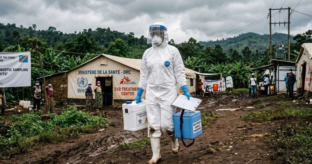 Health workers in white hazmat suits spray disinfectant near a containment tent in a rural Congolese village.