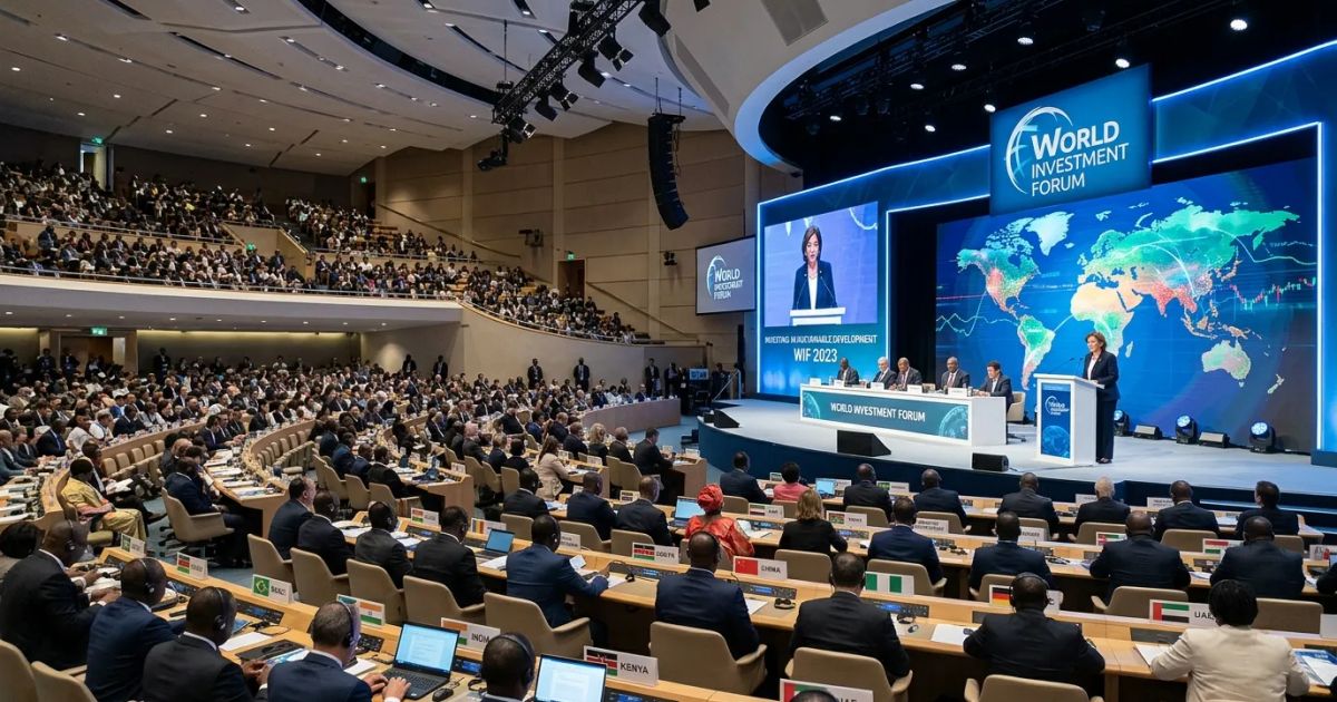 Delegates gather in a modern conference hall in Doha for the 9th World Investment Forum on sustainable global growth.