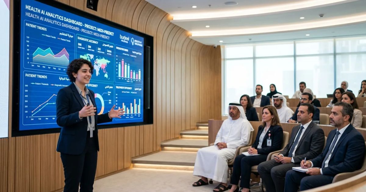 Student finalists present clinical AI projects to a panel at the AI Builders Summit in an Abu Dhabi auditorium.