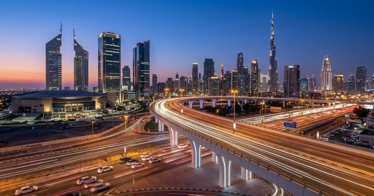 Vehicles travel across a multi-lane concrete bridge spanning a busy highway intersection near Dubai's skyscrapers.